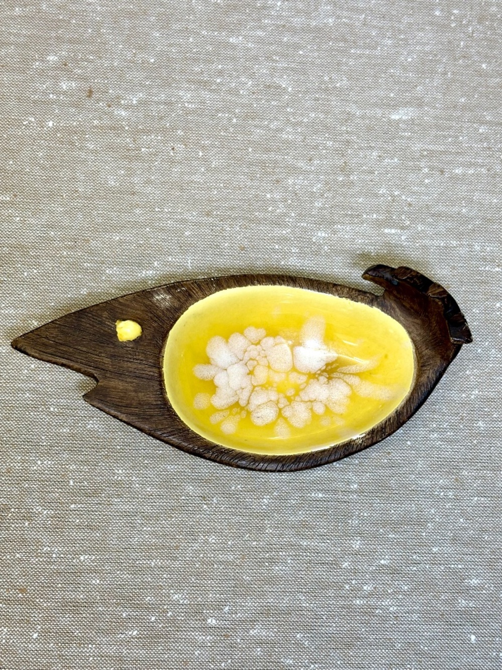 Midcentury Fish Decorative Bowl, Jaru Yellow Enamel Cottage Pottery